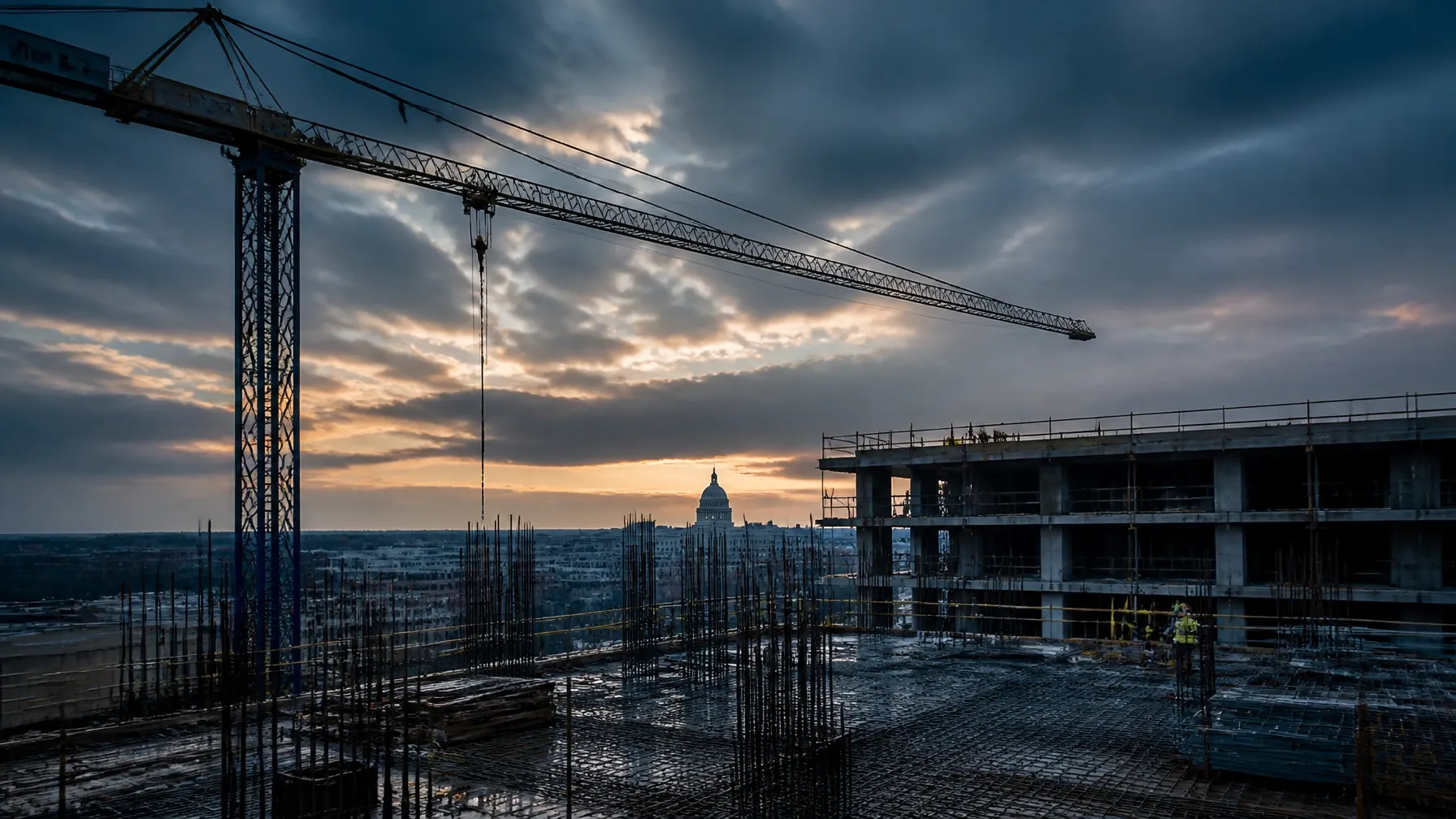 Commercial construction site with cranes and a project team at dusk